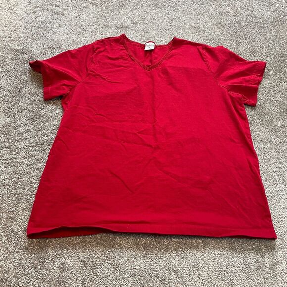 Cascade Blues Shirt Womens Plus 2X Red Short Sleeve V Neck Solid Cotton Tee Top - Picture 1 of 8